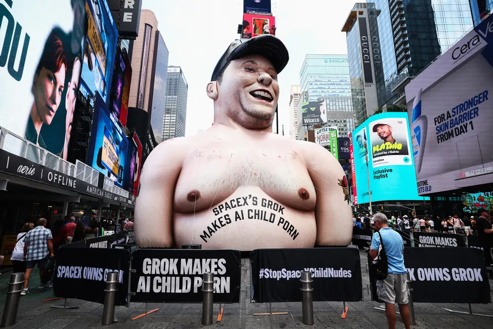 Na Times Square nafúkli obriu bábiku Elona Muska kvôli Groku